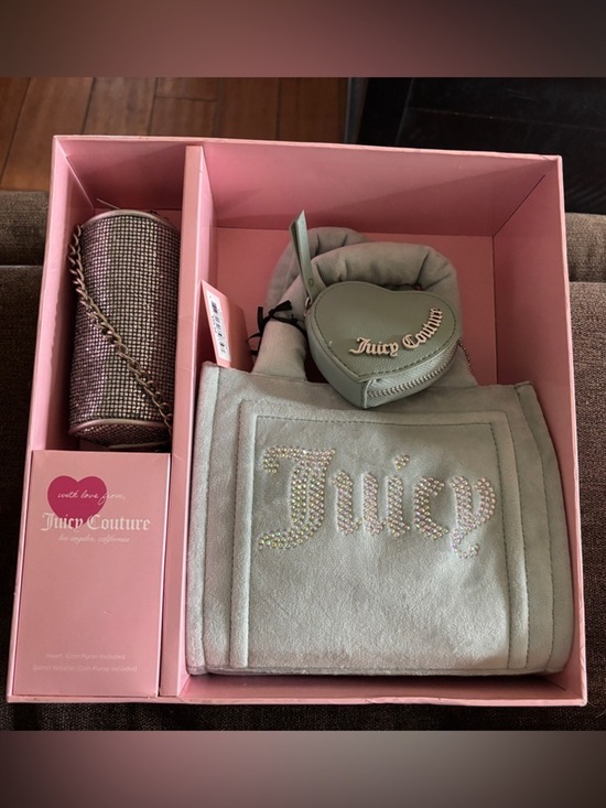 Juicy Couture Handbags - Juicy Couture Big Spender 3-PC –Velour Tote, Barrel Bag & Coin Purse – Cool Blue
